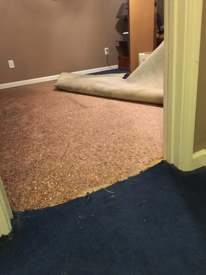 Carpet pad removal revealing water damage during Drying & Dehumidification in Alexander City